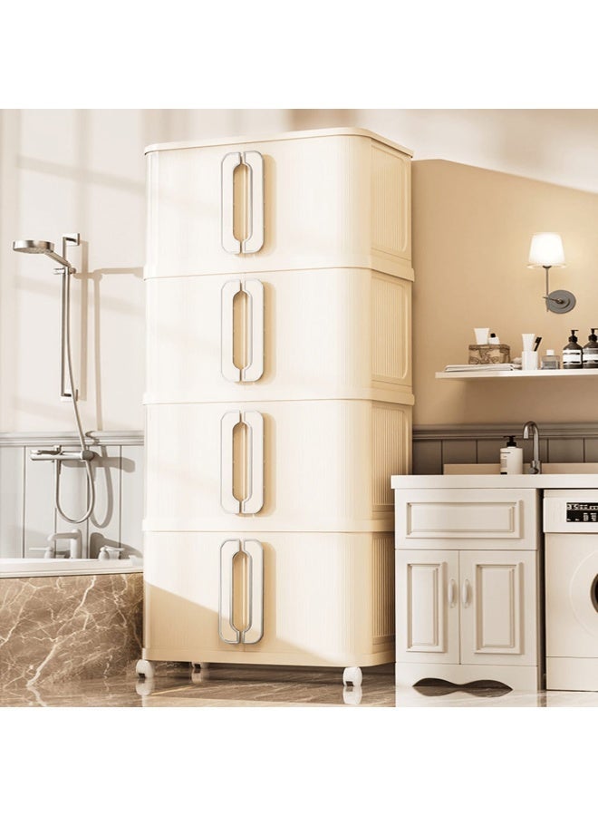 Spaceshoop 4 Tier Plastic Storage Cabinet with Wheels Modern Fluted Design Organizer with Transparent Drawers and Easy Pull Handles Cream White Small - Image 4